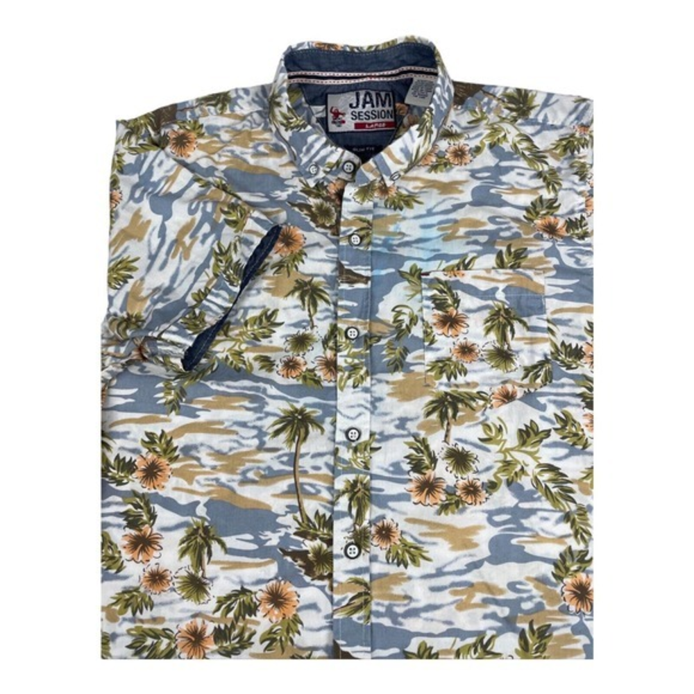 Jam Session Men's Slim Fit‎ M Floral Blue White Hawaiian Camp Shirt Large Button